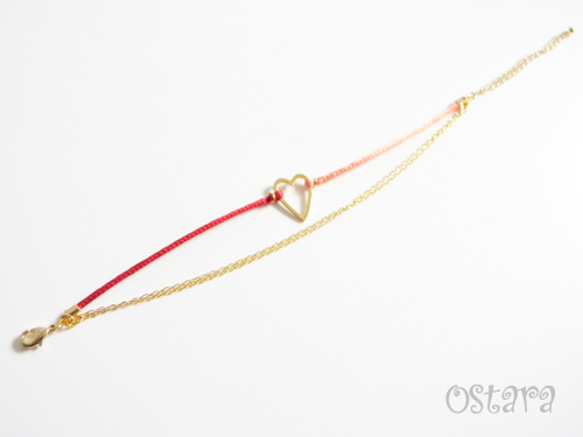 Bijou Bracelet/Red&Pink Satin with 16K Gold Plated Heart 3枚目の画像