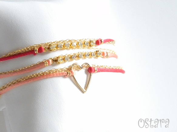 Bijou Bracelet/Red&Pink Satin with 16K Gold Plated Heart 4枚目の画像