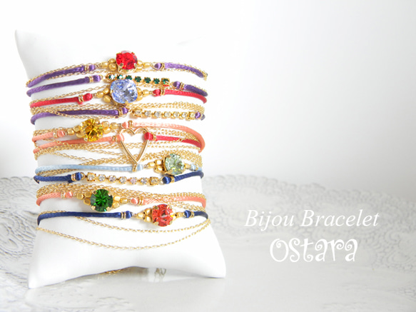 Bijou Bracelet/Red&Pink Satin with 16K Gold Plated Heart 5枚目の画像