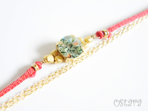 Bijou Bracelet/Red Satin with Chrysolite Swarovski 1枚目の画像