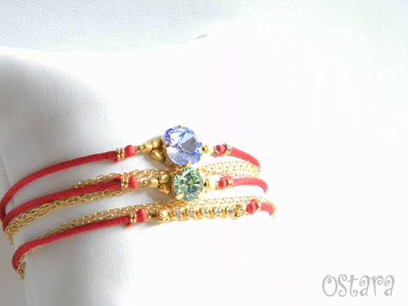 Bijou Bracelet/Red Satin with Chrysolite Swarovski 3枚目の画像