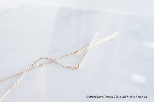 【14KGF】Ear Thread Earrings,Glossy Gold Long Stick Bar 4枚目の画像