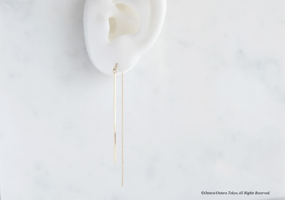 【14KGF】Ear Thread Earrings,Glossy Gold Long Stick Bar 5枚目の画像