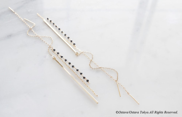 【14KGF】Ear Thread Earrings,Glossy Gold Long Stick Bar 8枚目の画像