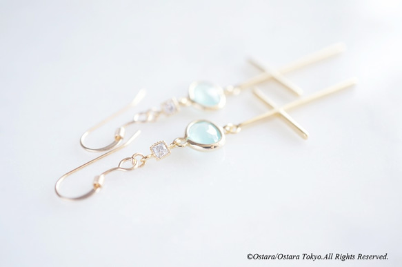 【14KGF】Cross Earrings,- Mint Green&Cubic Zirconia - 5枚目の画像