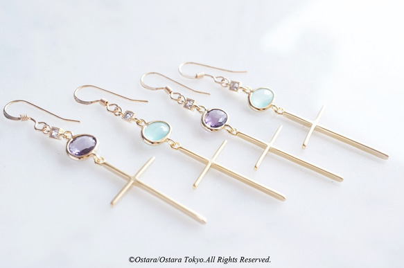 【14KGF】Cross Earrings,- Mint Green&Cubic Zirconia - 2枚目の画像