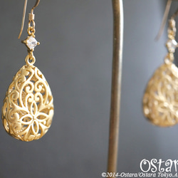 【14KGF】Earrings,16KGP Mat Gold Floral Teardrop 1枚目の画像