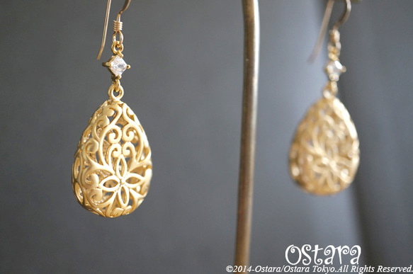 【14KGF】Earrings,16KGP Mat Gold Floral Teardrop 1枚目の画像