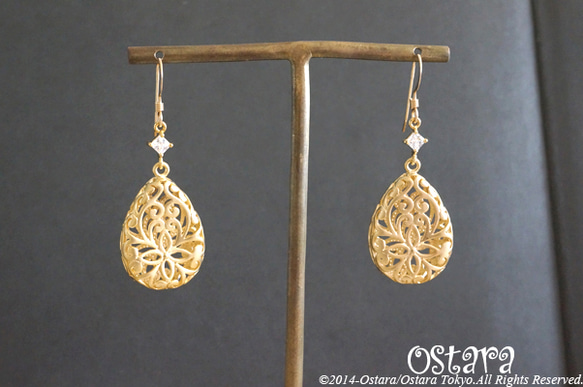 【14KGF】Earrings,16KGP Mat Gold Floral Teardrop 2枚目の画像