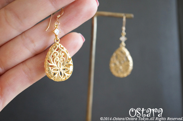 【14KGF】Earrings,16KGP Mat Gold Floral Teardrop 4枚目の画像