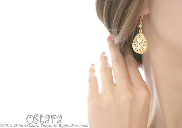 【14KGF】Earrings,16KGP Mat Gold Floral Teardrop 5枚目の画像