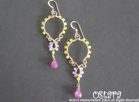 【14KGF】Earrings,Hammered Teardrop,AAA Ruby Briolette Cut 1枚目の画像