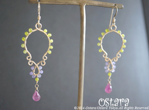 【14KGF】Earrings,Hammered Teardrop,AAA Ruby Briolette Cut 2枚目の画像