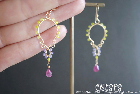 【14KGF】Earrings,Hammered Teardrop,AAA Ruby Briolette Cut 4枚目の画像