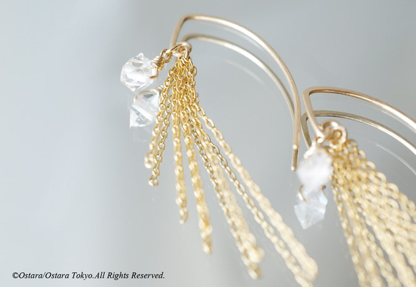 【14KGF/Tiny】Leaf Hook Fringe Earrings, -NY Herkimerdiamond- 4枚目の画像