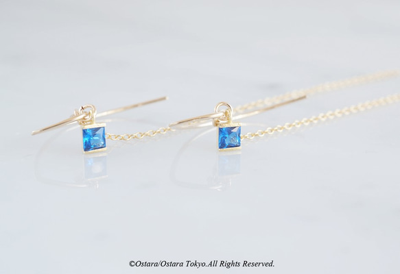 【14KGF/Siver925/Tiny】Leaf Hook Earrings, -CZ Square/Sapphire 1枚目の画像