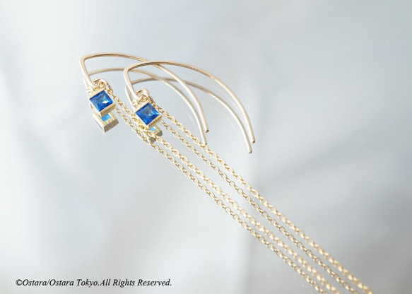 【14KGF/Siver925/Tiny】Leaf Hook Earrings, -CZ Square/Sapphire 2枚目の画像