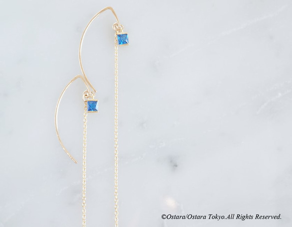 【14KGF/Siver925/Tiny】Leaf Hook Earrings, -CZ Square/Sapphire 3枚目の画像