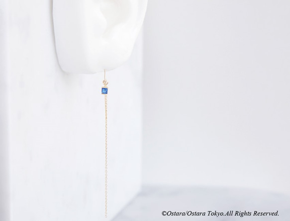 【14 KGF / Siver 925 / Tiny】葉鉤耳環，-CZ方形/藍寶石 第4張的照片