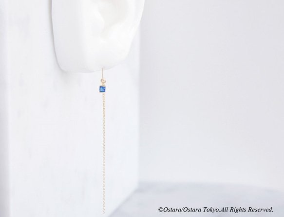 【14KGF/Siver925/Tiny】Leaf Hook Earrings, -CZ Square/Sapphire 4枚目の画像