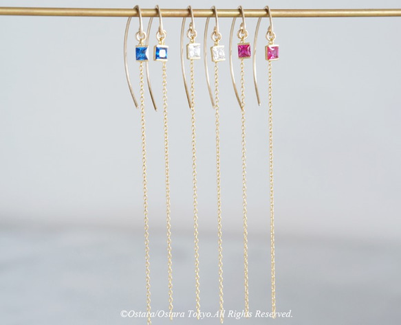 【14KGF/Siver925/Tiny】Leaf Hook Earrings, -CZ Square/Sapphire 6枚目の画像