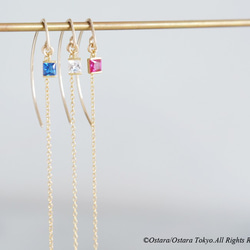 【14KGF/Siver925/Tiny】Leaf Hook Earrings, -CZ Square/Sapphire 7枚目の画像