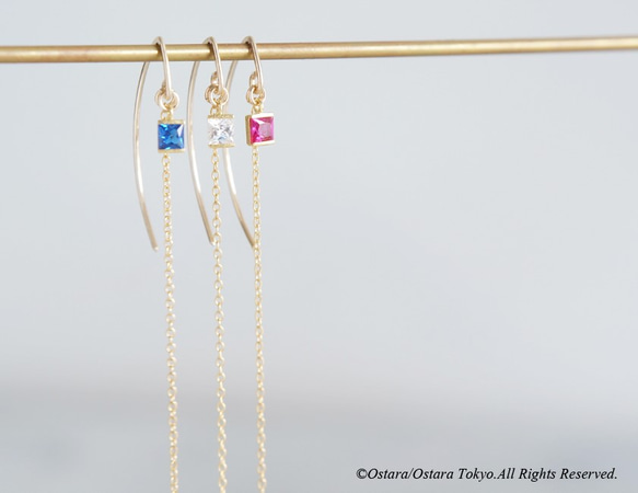 【14KGF/Siver925/Tiny】Leaf Hook Earrings, -CZ Square/Sapphire 7枚目の画像