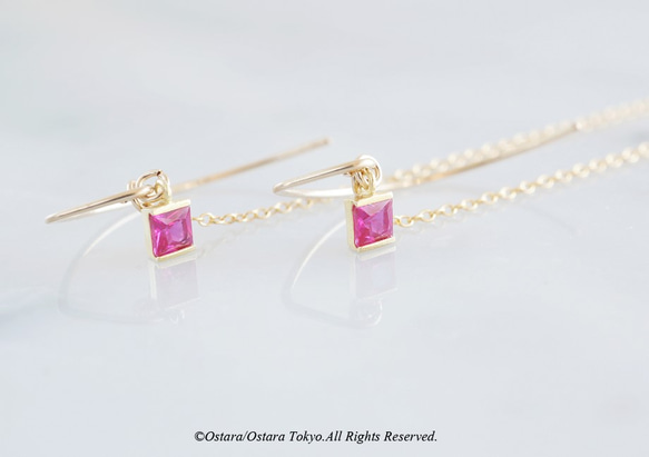 【14KGF/Siver925/Tiny】Leaf Hook Earrings, -CZ Square/Ruby- 1枚目の画像