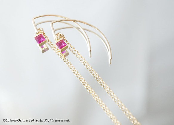 【14KGF/Siver925/Tiny】Leaf Hook Earrings, -CZ Square/Ruby- 2枚目の画像