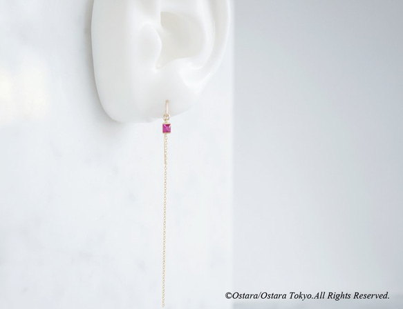 【14KGF/Siver925/Tiny】Leaf Hook Earrings, -CZ Square/Ruby- 4枚目の画像