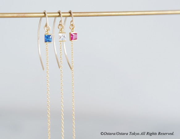 【14KGF/Siver925/Tiny】Leaf Hook Earrings, -CZ Square/Ruby- 6枚目の画像