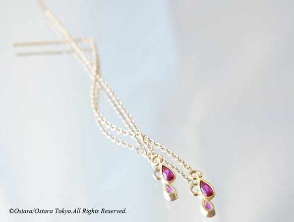 【14KGF/Siver925/Tiny】Ear Thread Earrings, -CZ Teardrop/Ruby- 2枚目の画像