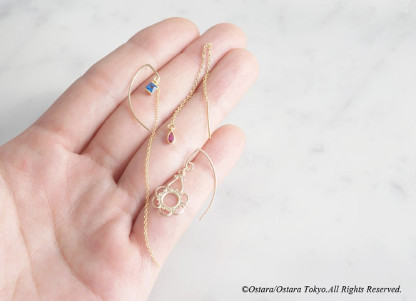 【14KGF/Siver925/Tiny】Ear Thread Earrings, -CZ Teardrop/Ruby- 6枚目の画像