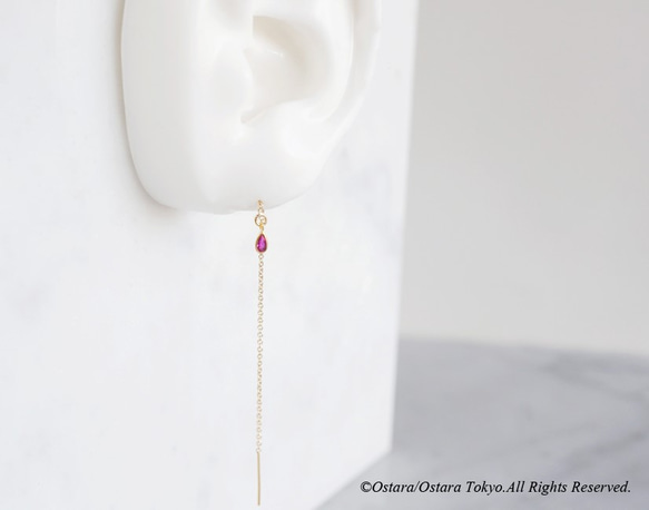 【14KGF/Siver925/Tiny】Ear Thread Earrings, -CZ Teardrop/Sapph 4枚目の画像