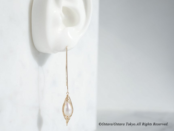 【Tsubomi】14KGF Leaf Hook Earrings,"White Pearl" 5枚目の画像