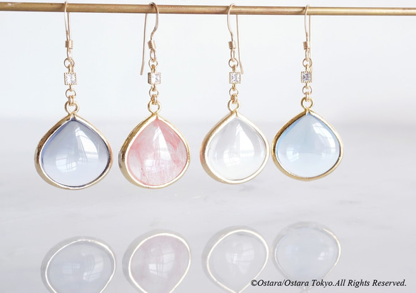 【14KGF】GlossyTeardrop Glass,CZ Earrings-Pale Sapphire- 5枚目の画像