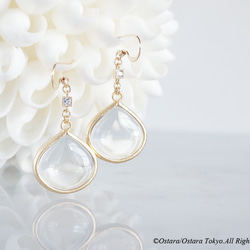 【14KGF】GlossyTeardrop Glass,CZ Earrings-Crystal- 1枚目の画像