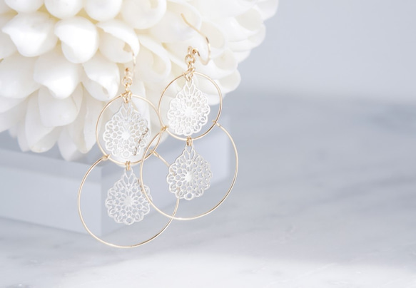 【14KGF】Double Hoop Earrings,French Filigree 3枚目の画像