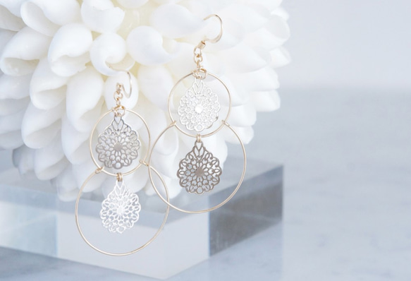 【14KGF】Double Hoop Earrings,French Filigree 4枚目の画像