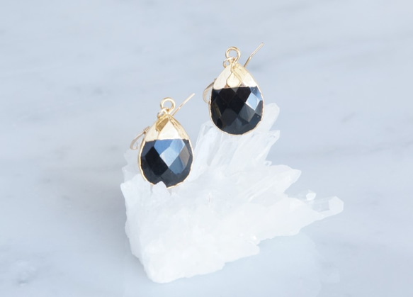 【14KGF】Earrings,Gemstone,Pear-Shaped Black Onyx 2枚目の画像