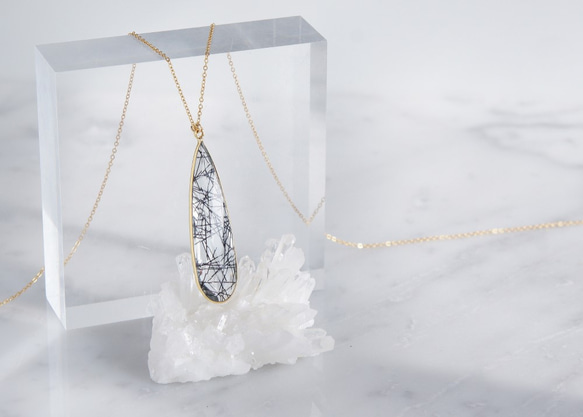 【14KGF】 Long Necklace,Teardrop Black Rutile Quartz 1枚目の画像