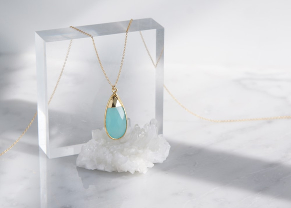 【14KGF】 Long Necklace,Gemstone,Pear-Shaped Aqua Chalcedony 1枚目の画像