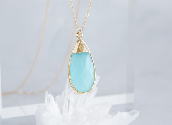 【14KGF】 Long Necklace,Gemstone,Pear-Shaped Aqua Chalcedony 2枚目の画像