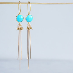 Long Dangle Earrings,Gemstone Turquoise -14KGF Fringe - 2枚目の画像