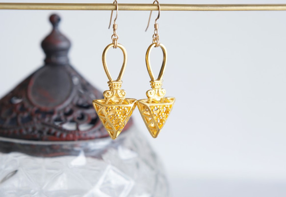 【Istanbul】 14KGF Earrings,Matt Gold Filigree -001- 2枚目の画像