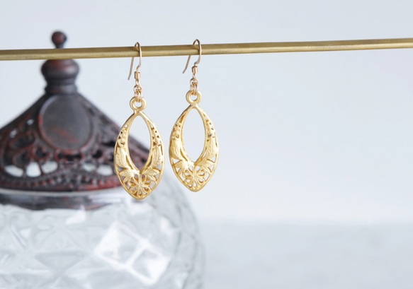 【Istanbul】 14KGF Earrings,Matt Gold Filigree -002- 1枚目の画像