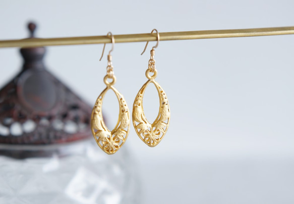 【Istanbul】 14KGF Earrings,Matt Gold Filigree -002- 2枚目の画像