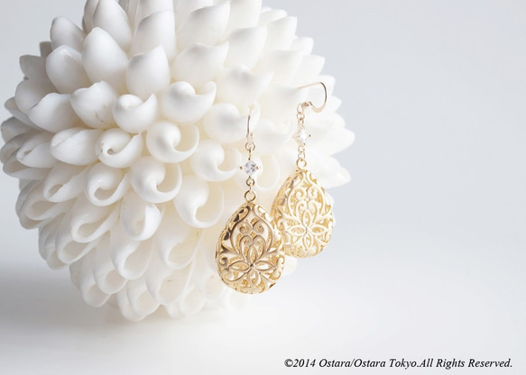 【14KGF】Earrings,Matt Gold Floral Teardrop Filigree 5枚目の画像