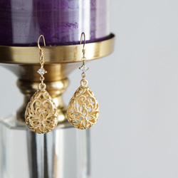 【14KGF】Earrings,Matt Gold Floral Teardrop Filigree 2枚目の画像