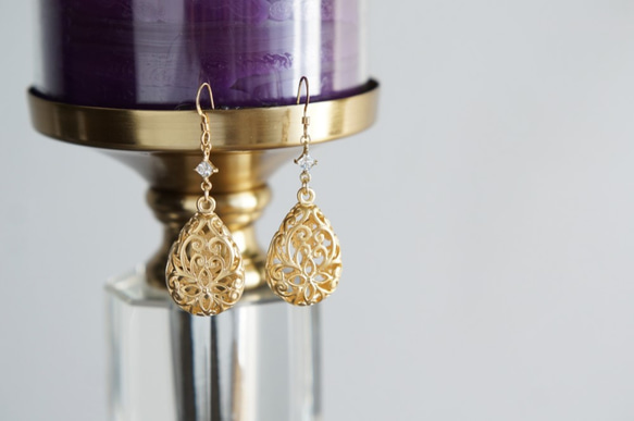 【14KGF】Earrings,Matt Gold Floral Teardrop Filigree 2枚目の画像